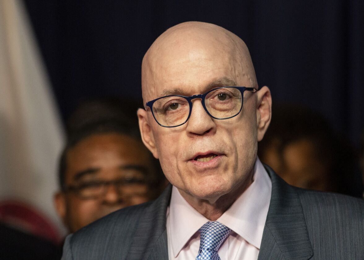 Illinois House Majority Leader Greg Harris speaks during a ceremony at the James R. Thompson Center in 2019.